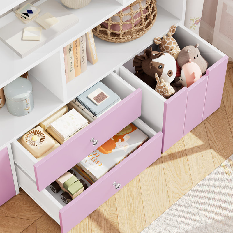 49.1" W Bookcase, 4-tier Bookshelf, Storage Organizer With Drawers, Lavender Pink/White