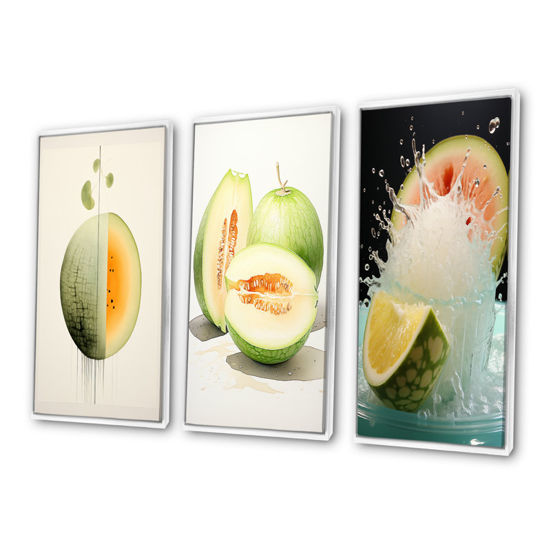 Minimaliste Cantelope Essence I - Melon, ensemble de 3 toiles murales, Cadre flottant blanc, H 28 po x l 36 po