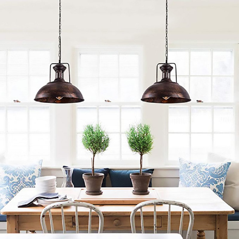 Luminaire suspendu industriel en fer rustique - rétro pour restaurant de 16,1 po de diamètre x 13,8 po de hauteur, plafonnier en fer noir rouillé pour cuisine / salle à manger / café