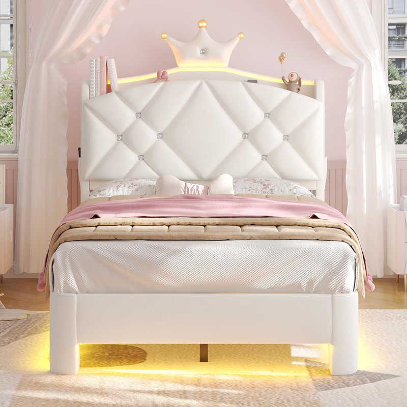 Lit plateforme tapissier en velours avec mobilier de chambre à coucher pour enfants Crown, Lit simple, Blanc