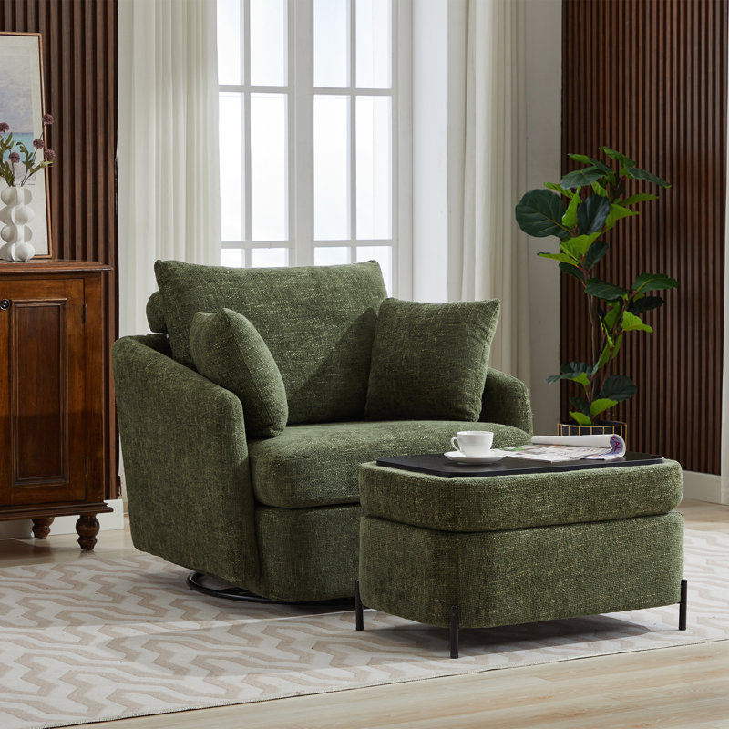 Chaise pivotante rembourrée avec repose-pieds avec rangement, Chenille verte