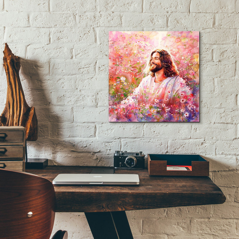 "Christ parmi les fleurs" par Ivan Guaderrama, art mural en verre acrylique, H 12 po x l 12 po x P 0,13 po