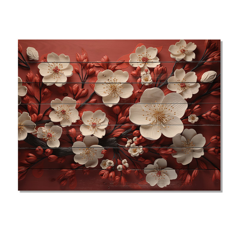 Branches de fleurs d'orchidées blanches et rouges I - Floral abstrait sur bois, H 10 po x l 20 po