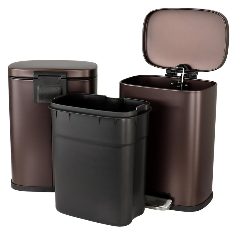 3-piece Trash Bin Set, Stainless Steel Step Bins, Slow Close, Matte Bronze