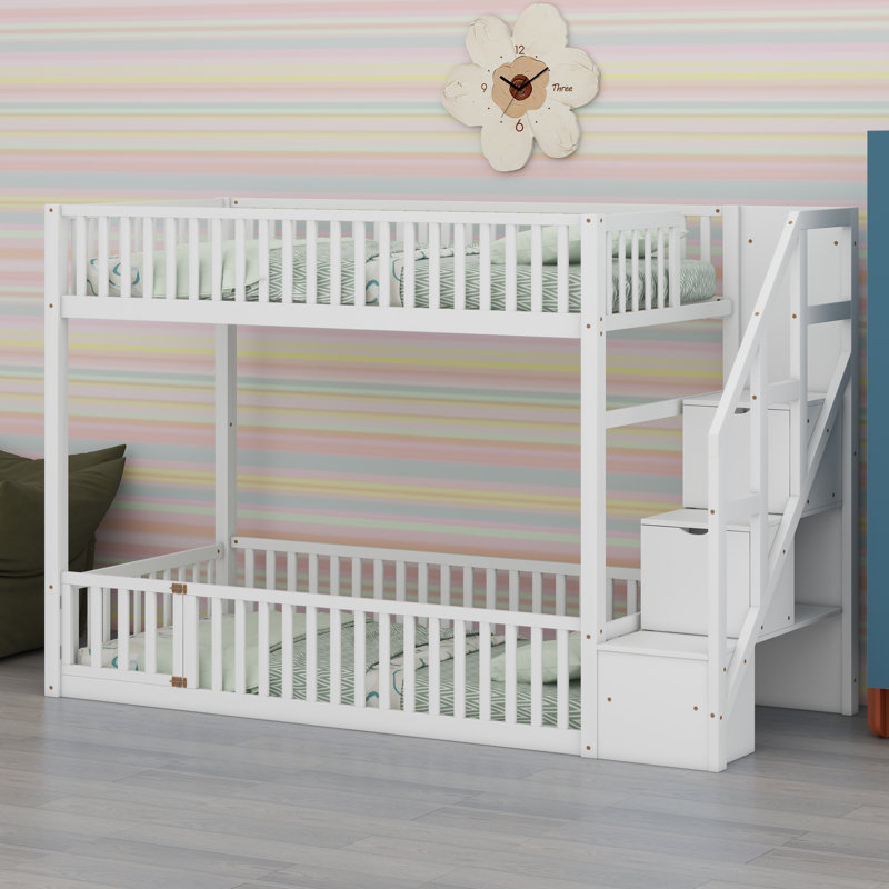 Compact Floor-Level Bunk Bed With Sturdy Ladder And Functional Under-Bed Storage, White