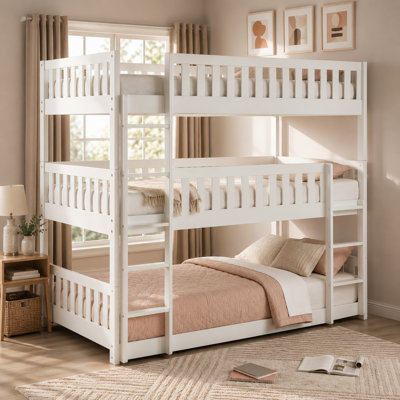 Nevaeh Transitional Wood Triple Bunk Bed with 6" Memory Foam Mattress, Protective Guard Rails & Convertible Design