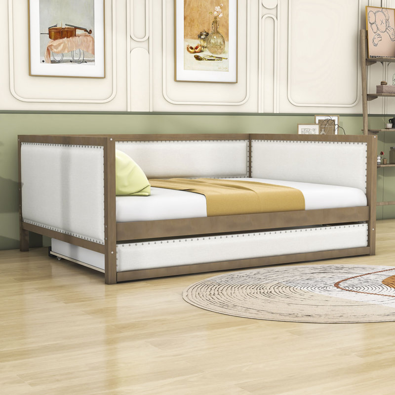 Full Size Upholstered Daybed with Twin Size Trundle, Wood Frame