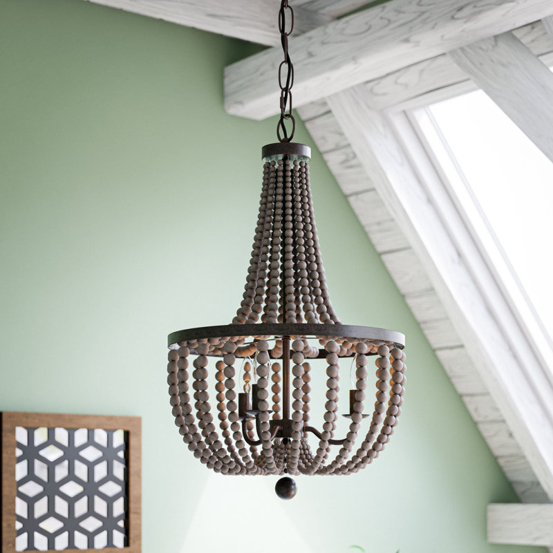 Dumas 3-Light Wood Bead Chandelier - Gray, Golden Bronze/Washed Gray