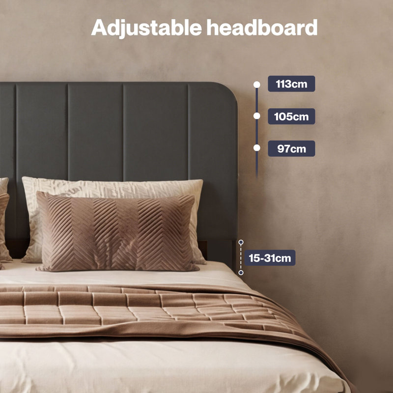 Double Bed Frame with Adjustable Headboard Velvet Upholstered, Dark Grey