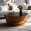 Table basse ronde de 31,5 po avec plateau en marbre fritté et base en bois à niveaux, table centrale à profil bas, noir 31,5 po
