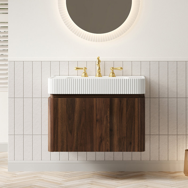 Meuble-lavabo de salle de bain, Noyer, L 30 po, Blanc
