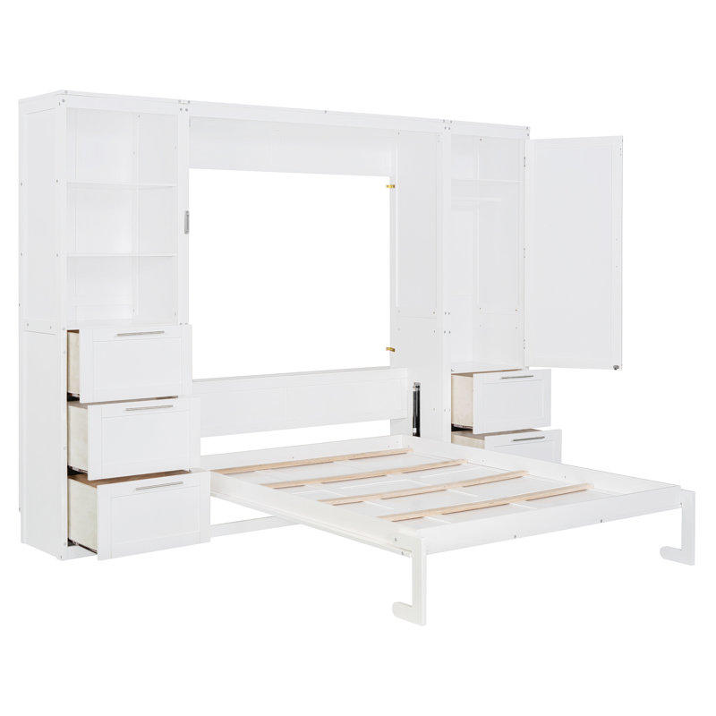 Queen Size Murphy Bed Wall Bed With Closet ,Drawers And Shelves,White, White