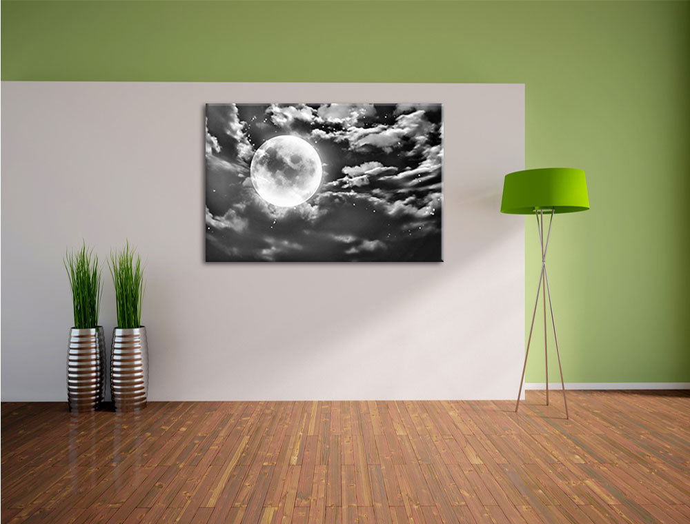 Leinwandbild Vollmond unter Sternen und Wolken in Monochrom