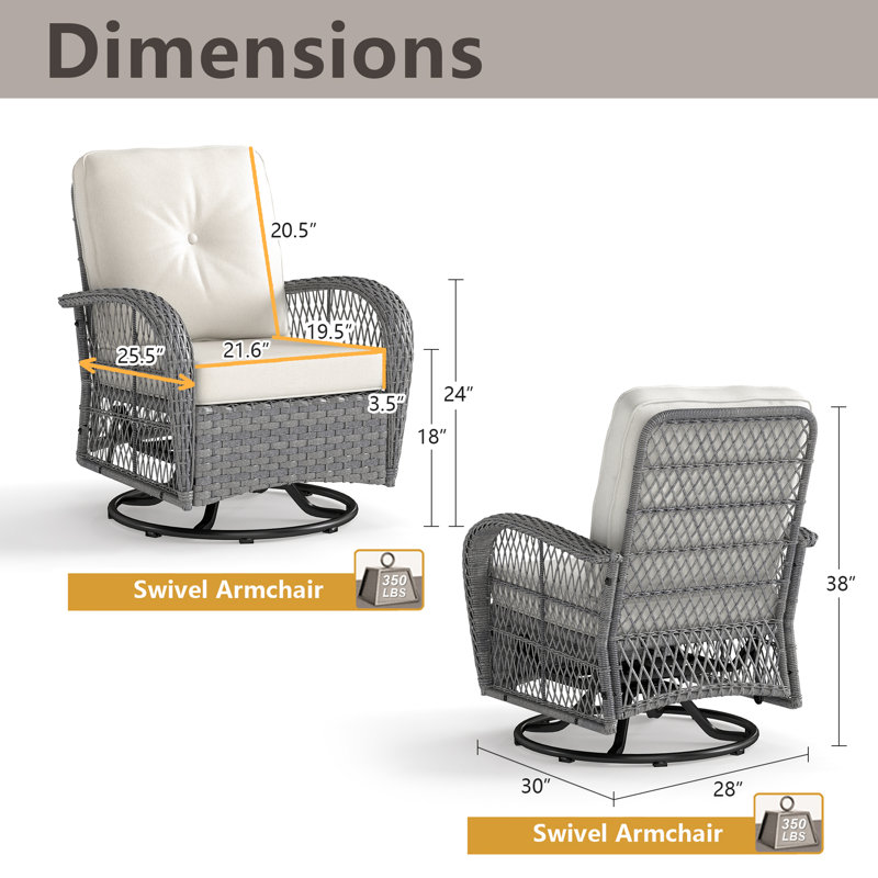 Chaise de patio berçante pivotante avec coussins (ensemble de 2), Gris