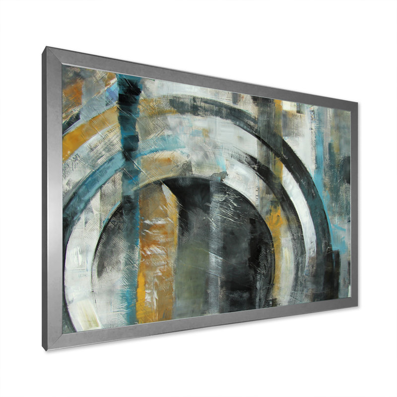 Grunge noir et gris cercles - reproduction de cadre flottant sur toile, H 24 po x l 36 po x P 1 po, Cadre photo argenté