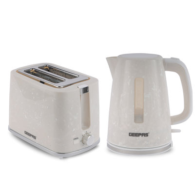 Geepas 1.7L 2200W Cordless Electric Kettle, 900W 2 Slice Bread Toaster Combo Set, Premium Design Cream
