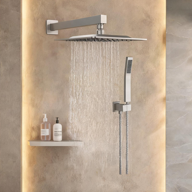 Système de douche en nickel brossé avec pomme de douche à effet pluie, douchette et fixation murale, fabrication laiton