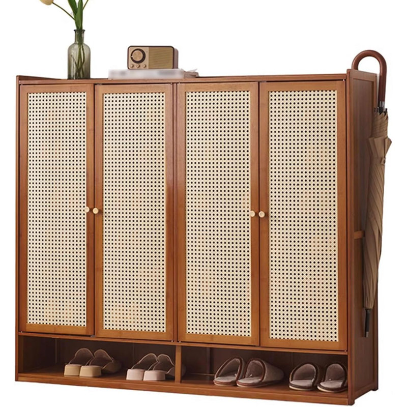 4-Door Rattan Shoe Storage Cabinet, Natural Bamboo, 7-Tier Freestanding Organizer, Boho Entryway Cabinet