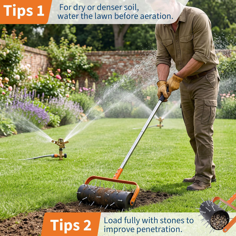 Heavy Duty Rolling Lawn Aerator with 52 Spikes & 15" Wide Roller | Telescopic Adjustable Handle for Large Area Soil Venting & Comfortable Operation