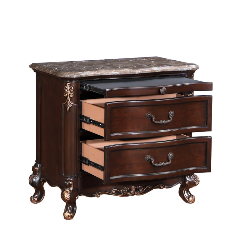 Constantine Dark Walnut and Marble Traditional 2-Drawer Nightstand