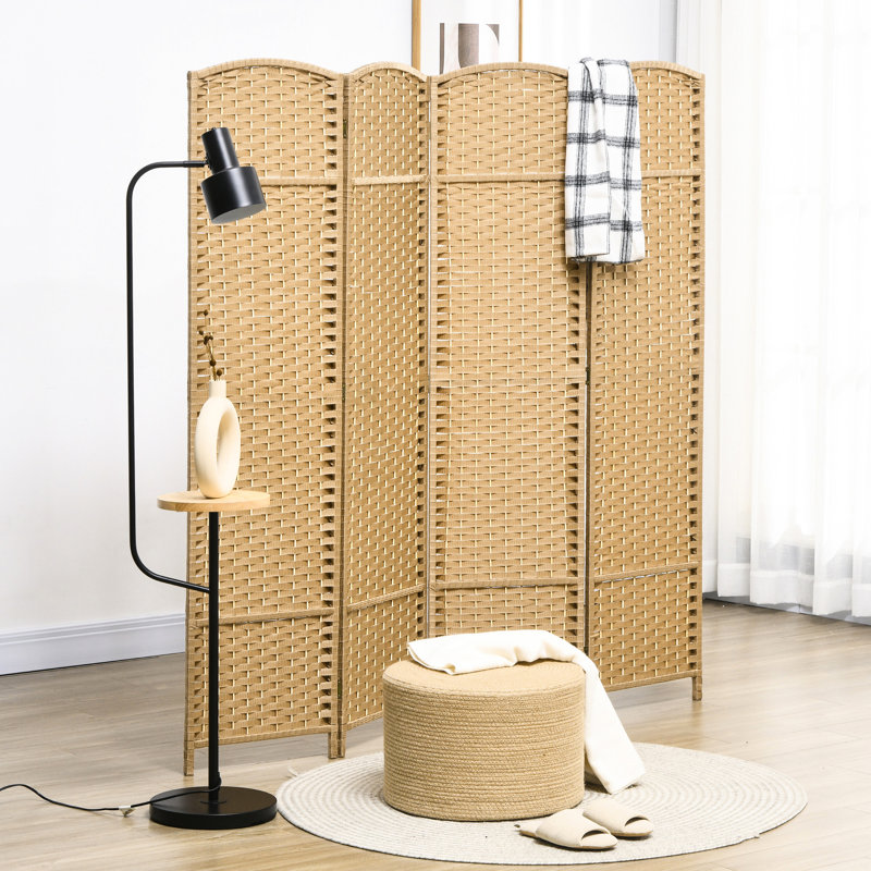 Room Divider 4 Panel, 5.6' Tall For Home. Natural Wood Theme With Hand-Woven Pattern. Versatile Partition. Made Frame & Polypropylene Webbing. Lightweight And Foldable. No Assembly Required Panel