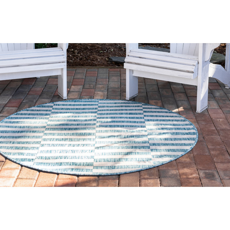 Darya Striped Blue/Ivory Indoor/Outdoor Area Rug, Round 4'1"