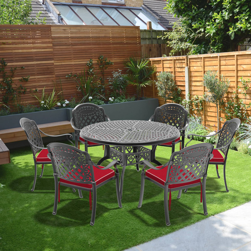 Ensemble de 7 pièces de mobilier de patio en aluminium coulé avec coussins rouges