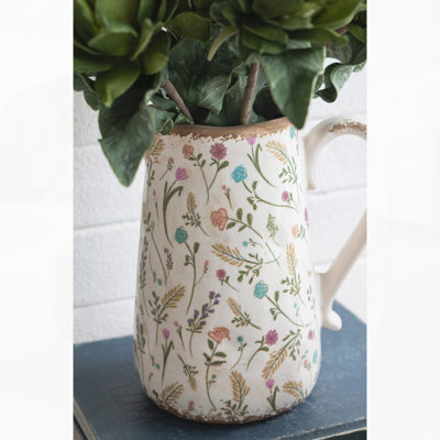 Round Ceramic Pitcher Vase with Floral Motifs