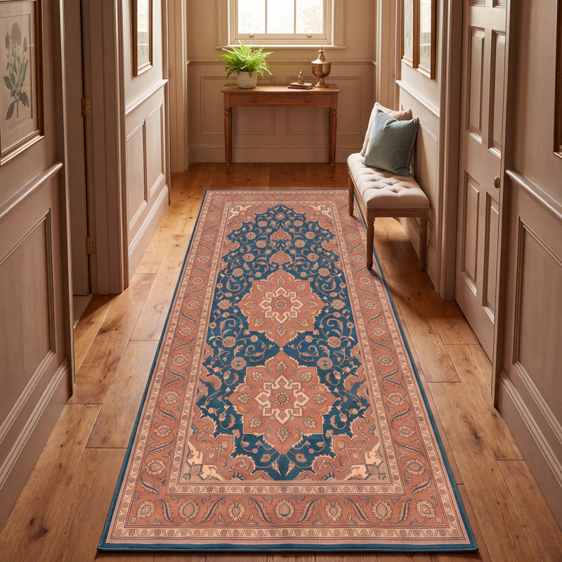 Tapis Marble2 traditionnel de style persan audacieux, bleu sarcelle, or et crème, lavable en machine, antidérapant, à poils courts, pour l'intérieur et l'extérieur, adapté aux animaux domestiques, idéal pour le salon, la chambre, la salle à manger, l'entrée, le couloir ou le bureau.