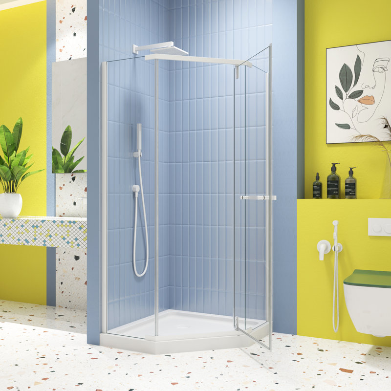 - Pivot de porte de douche anglaise - 1/4 po en verre trempé blanc mat 34,75 po x système de fuite - stabilité de l'enceinte