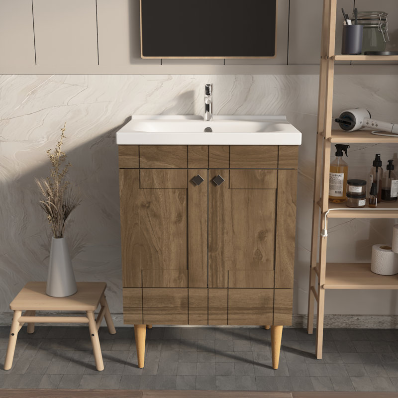 Sara Bathroom Vanity with Ceramic Sink, Walnut, 25"