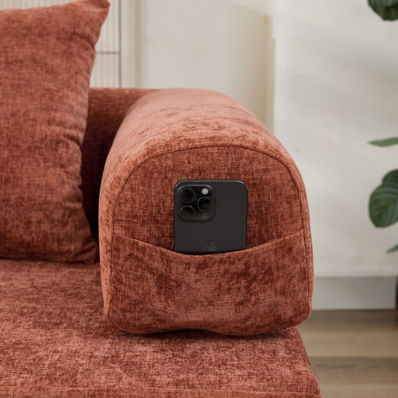 Modern Chenille Futon Sofa Bed With Pillows, Orange Chenille