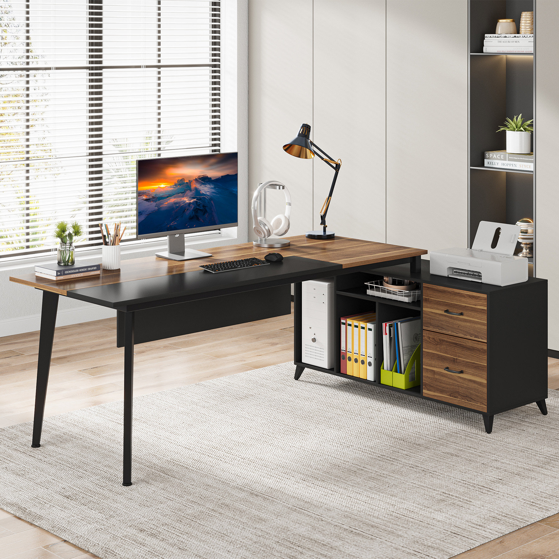 70.9 Modern Black L-Shape Executive Desk Drawers & Cabinet Large Office  Desk Right Hand