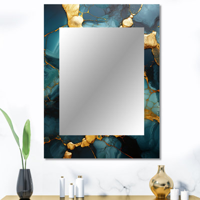 Or et agate verte topaze granit II - miroir unique abstrait, grand miroir mural doré, impression sur métal