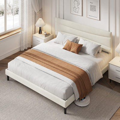 Modern Minimalist Upholstered Platform Bed Frame with Headboard – Sturdy Wood Slats, Noise-Free, Under-Bed Storage, No Box Spring Needed, Easy Assembly