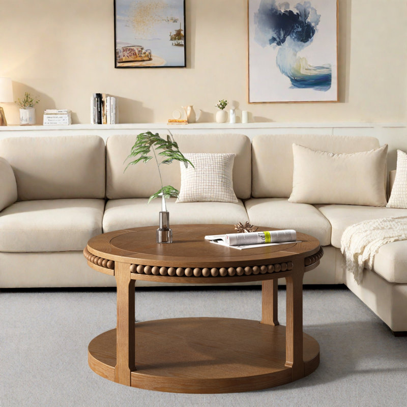 Table basse ronde avec plateau épaissi à deux niveaux, pieds robustes et motif perlé, Noyer brun