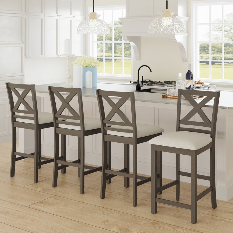 Tabouret de bar rembourré de 26 po en bois massif , Gris, Gris foncé