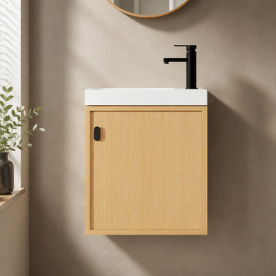 Meuble-lavabo mural 18,5 po avec lavabo en résine, porte simple à fermeture douce, panneau de fibres à densité moyenne, bois naturel (KD-Packing)
