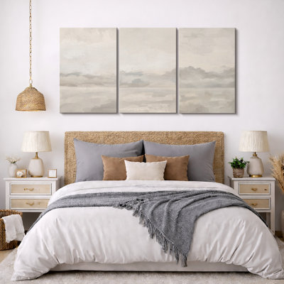Pastel Watercolor Cloudy Sky Grey Abstract Landscape Framed On Canvas 3 Pieces Print