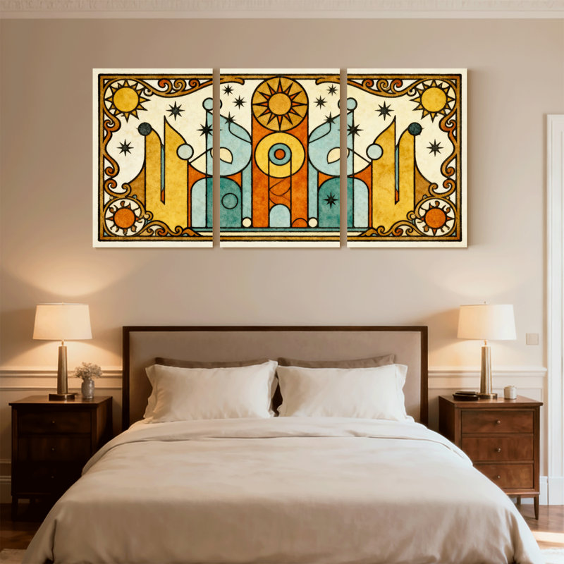 Fantaisie et science-fiction art déco soleil et étoiles, ensemble de 3 impressions murales sur toile, H 18 po x l 36 po