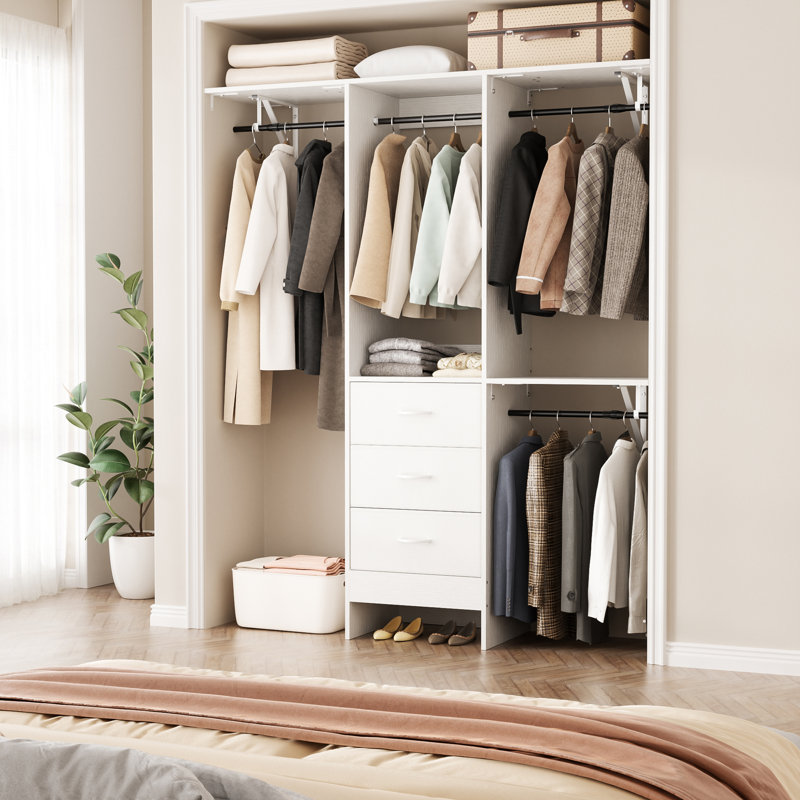 Adjustable Wooden Closet System Up to 59"W with Storage & Fabric Drawers, White