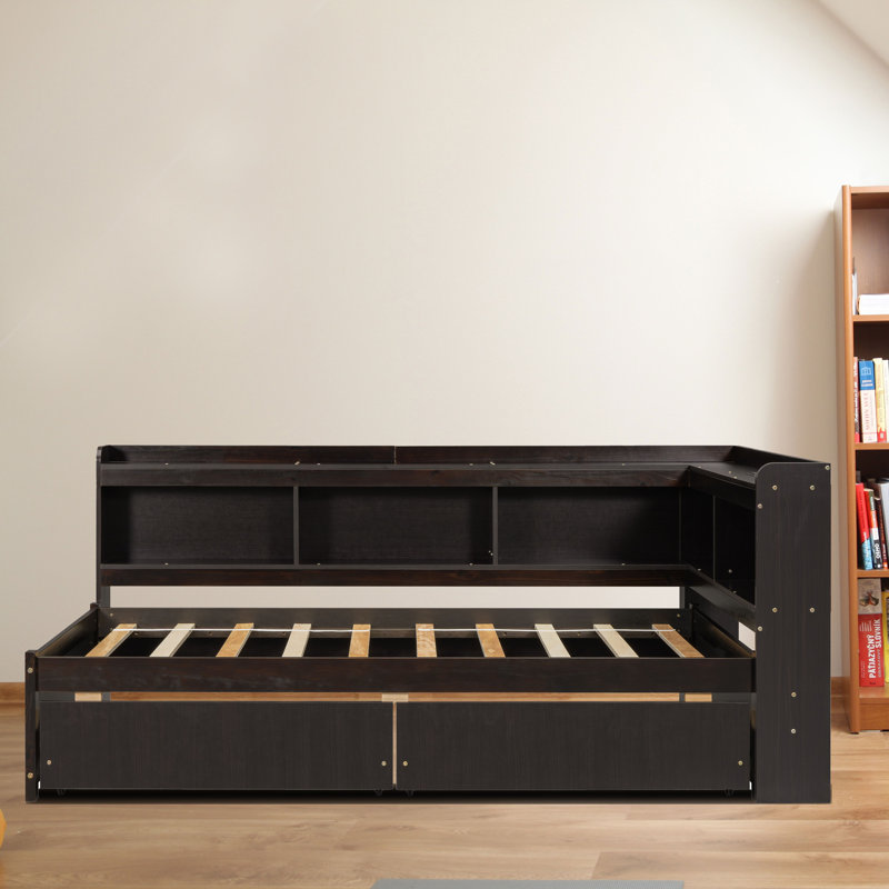 Lit de jour moderne et minimaliste avec compartiments de rangement ouverts et tiroirs, prises de courant, port de charge USB pour le salon de la chambre d'amis