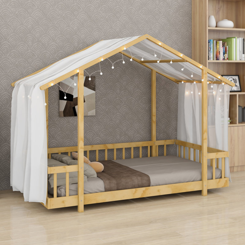 Lit plateforme avec cadre en forme de maison, baldaquin vaporeux et guirlandes lumineuses pour enfants, Lit simple, Natural