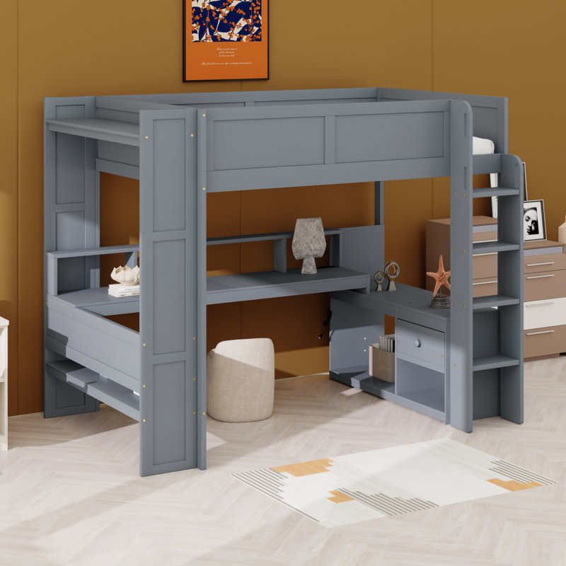 Lit mezzanine en bois avec bureau, tablettes multiples, DEL et station de charge, Lit double