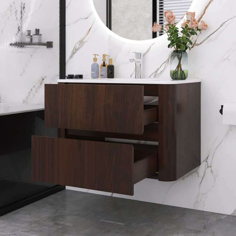 Meuble-lavabo mural moderne 30 po en noyer foncé avec lavabo en céramique et deux tiroirs