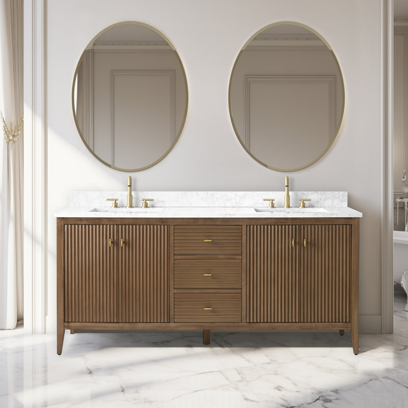 Meuble-lavabo double 72 po avec plateau en marbre, Noyer linéaire, Doré brossé
