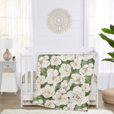 Sweet Jojo Designs Solid Sage Green Girl Baby Crib Skirt Bed Dust Ruffle Bedskirt Nursery Off White Tassel Watercolor Boho Floral Garden Flower Bohem