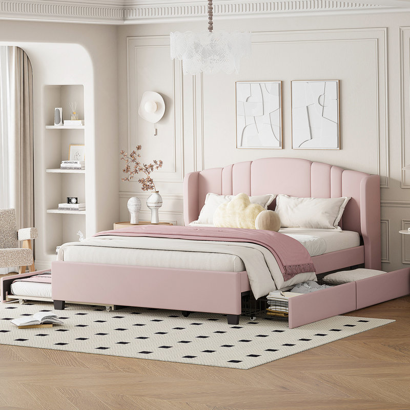 Lit plateforme tapissier avec tête de lit à oreilles, un lit gigogne simple et deux tiroirs, assurant un sommeil confortable et un grand espace de rangement