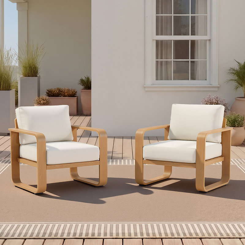 Fauteuil club d'extérieur en aluminium avec coussins, Coussin beige / Cadre en bois naturel