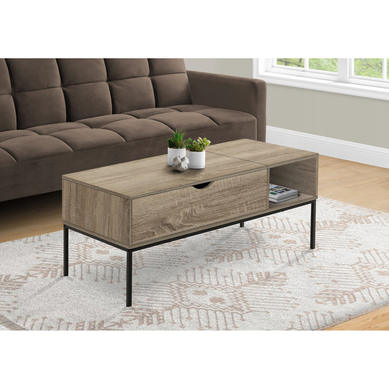 Table basse contemporaine taupe foncé, 42 po de longueur, plateau relevable, structure en L rectangulaire avec base noire, espace de rangement spacieux